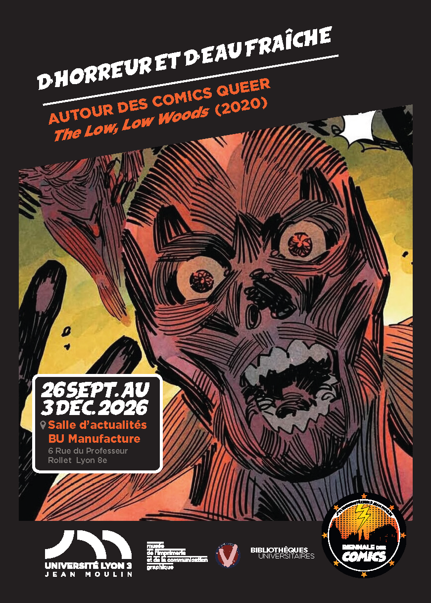 Affiche exposition d'horreur et d'eau fraîche autour des comics queer the low low woods (2020)