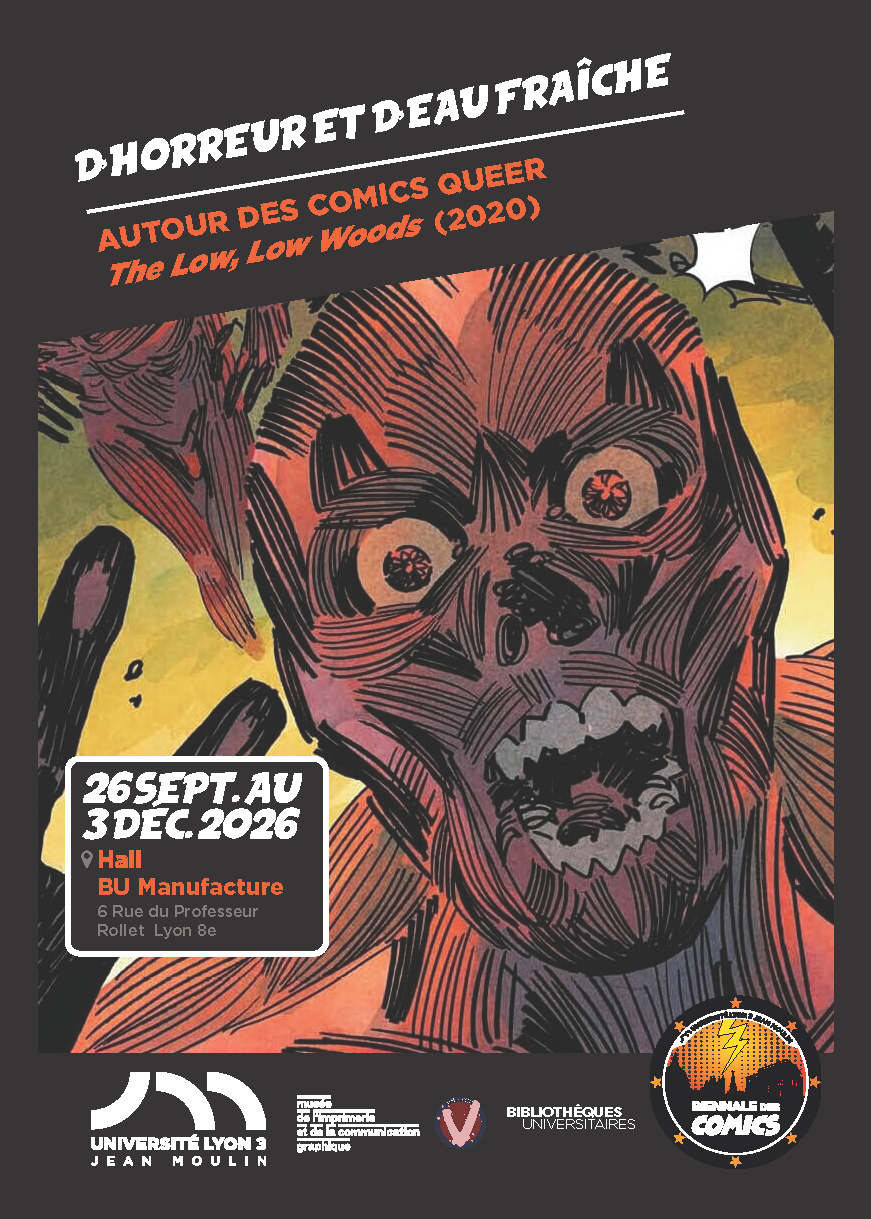 Affiche exposition d'horreur et d'eau fraîche autour des comics queer the low low woods (2020)